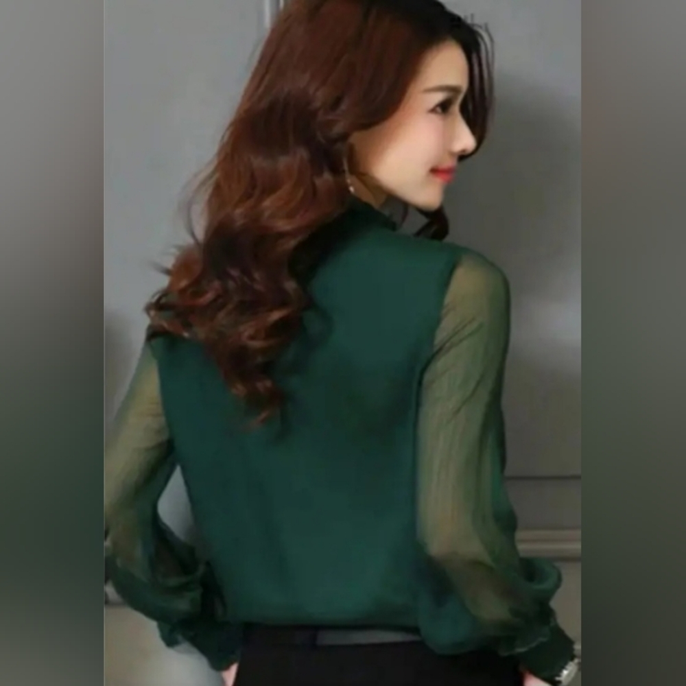 Elegant Green Sheer Blouse With Sheer Sleeves - Picture 2 of 2